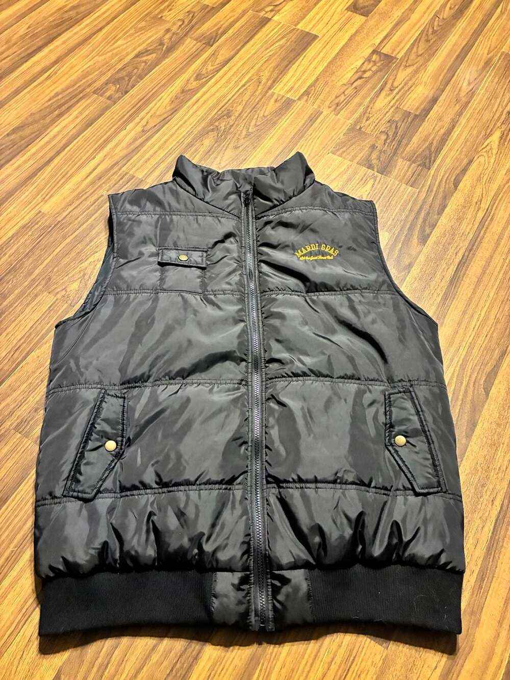 American Crown Mardi Gras 'Let The Good Times Roll' Embroidered Black Puffer Ves